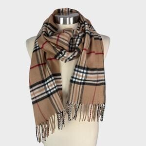 V. Fraas Casmink Scarf 100% Acrylic Tan Black White Check Fringe